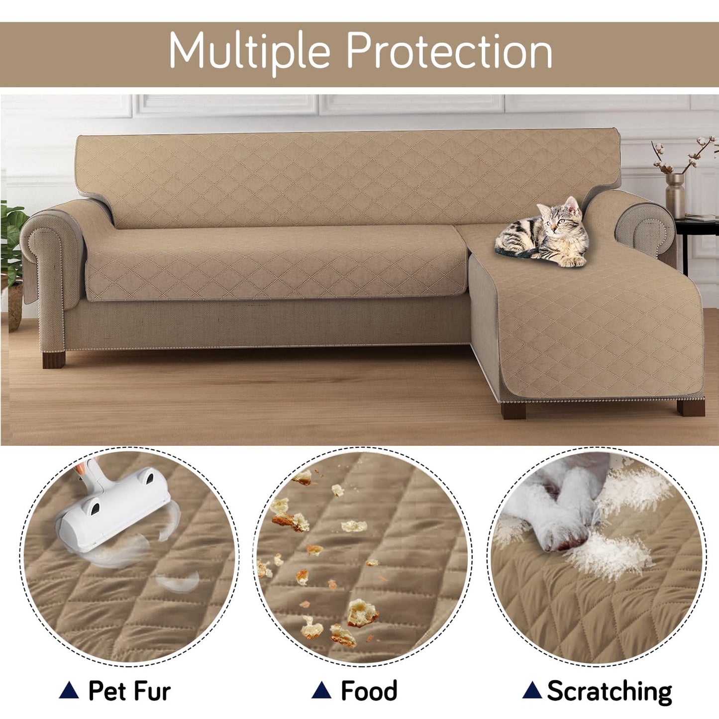 HOKIPO Quilted Reversible One Piece L Shape 4/5/6 Seater Sofa Cover Mat, Camel