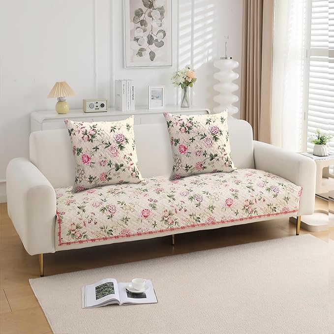 HOKIPO Quilted Sofa Cover Seat Mat for 1/2/3 Seater and Cushion Cover, Beige Peonies