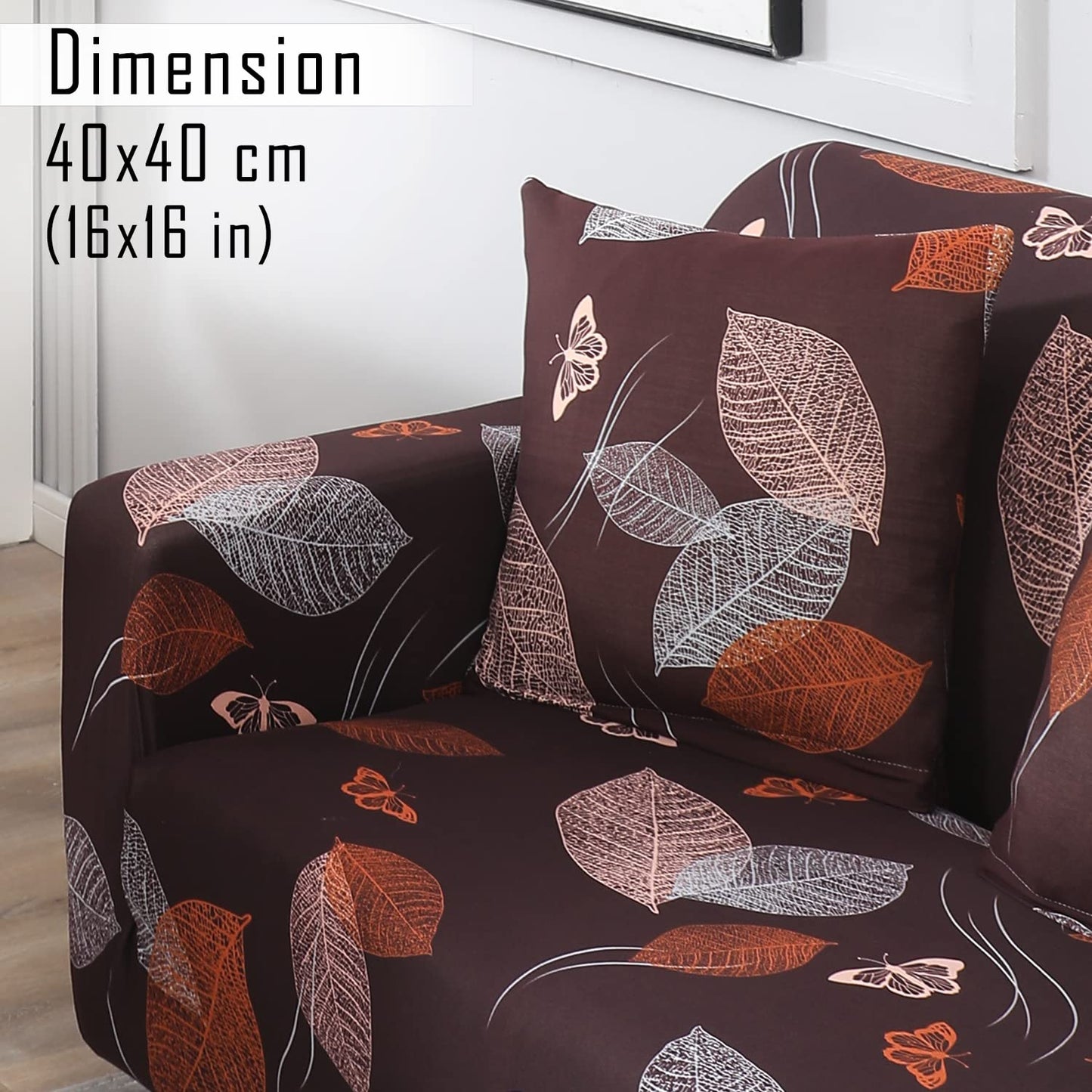 HOKIPO Stretchable Pack of 2 Cushion Cover 16x16, Dark Brown Leaf
