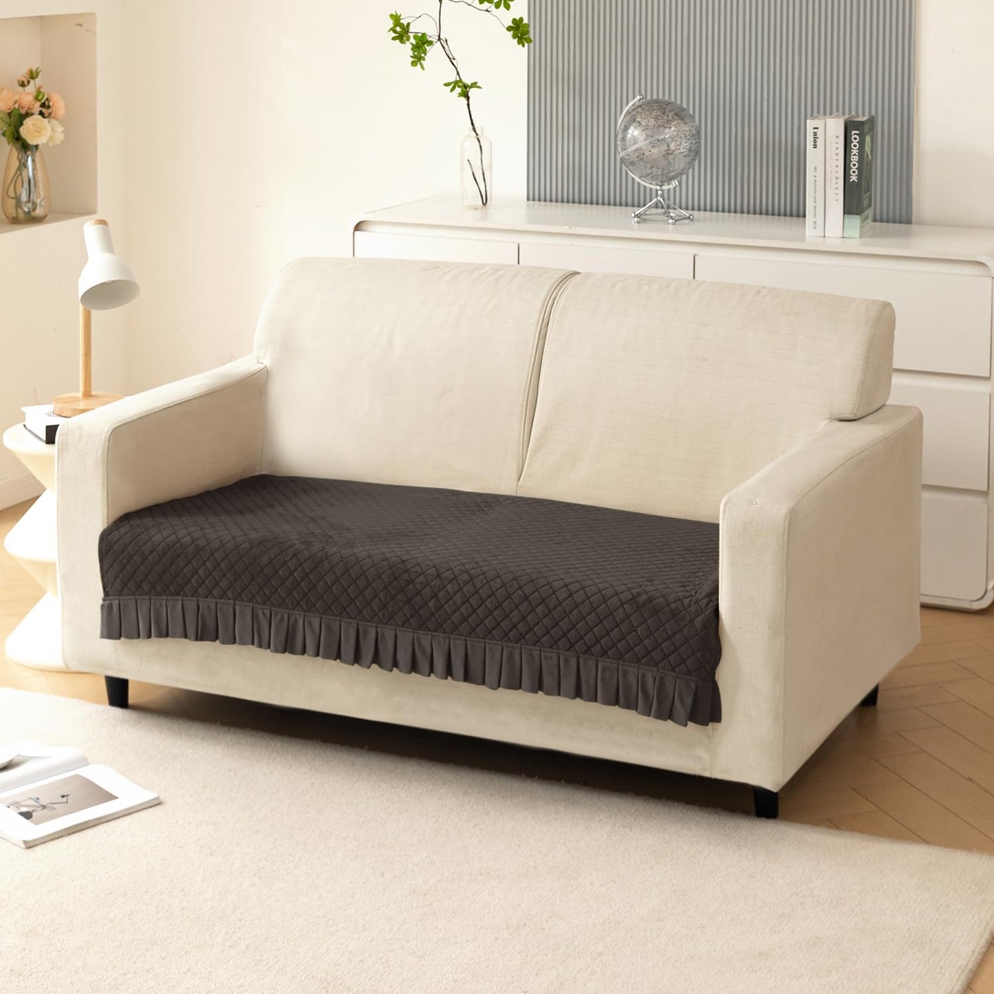 Holland Velvet Sofa Cover Seat Mat with Frill for 1/2/3 - Seater, Dark Grey