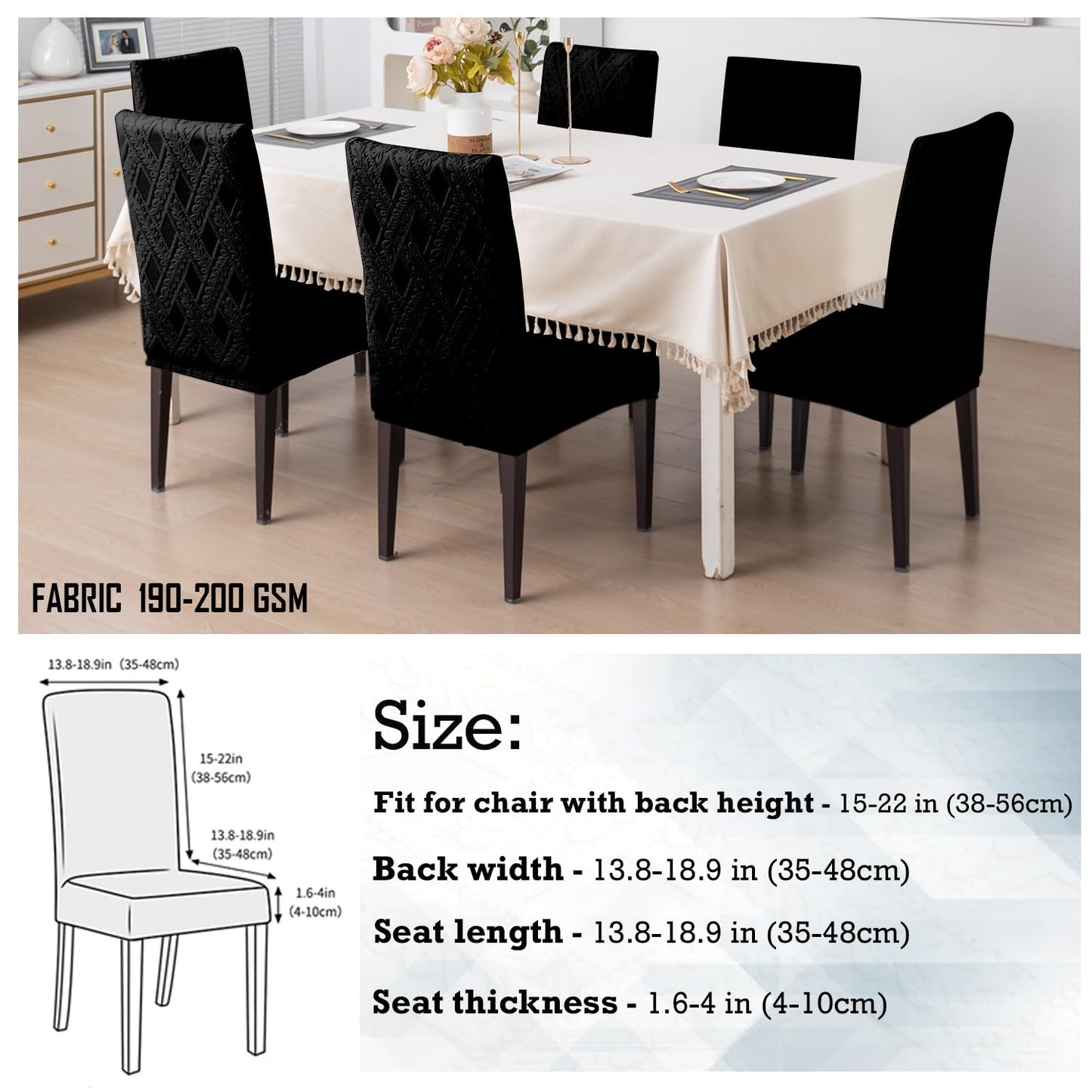 Chair Cover Set of 1/2/4/6, 190 GSM Jacquard, Black