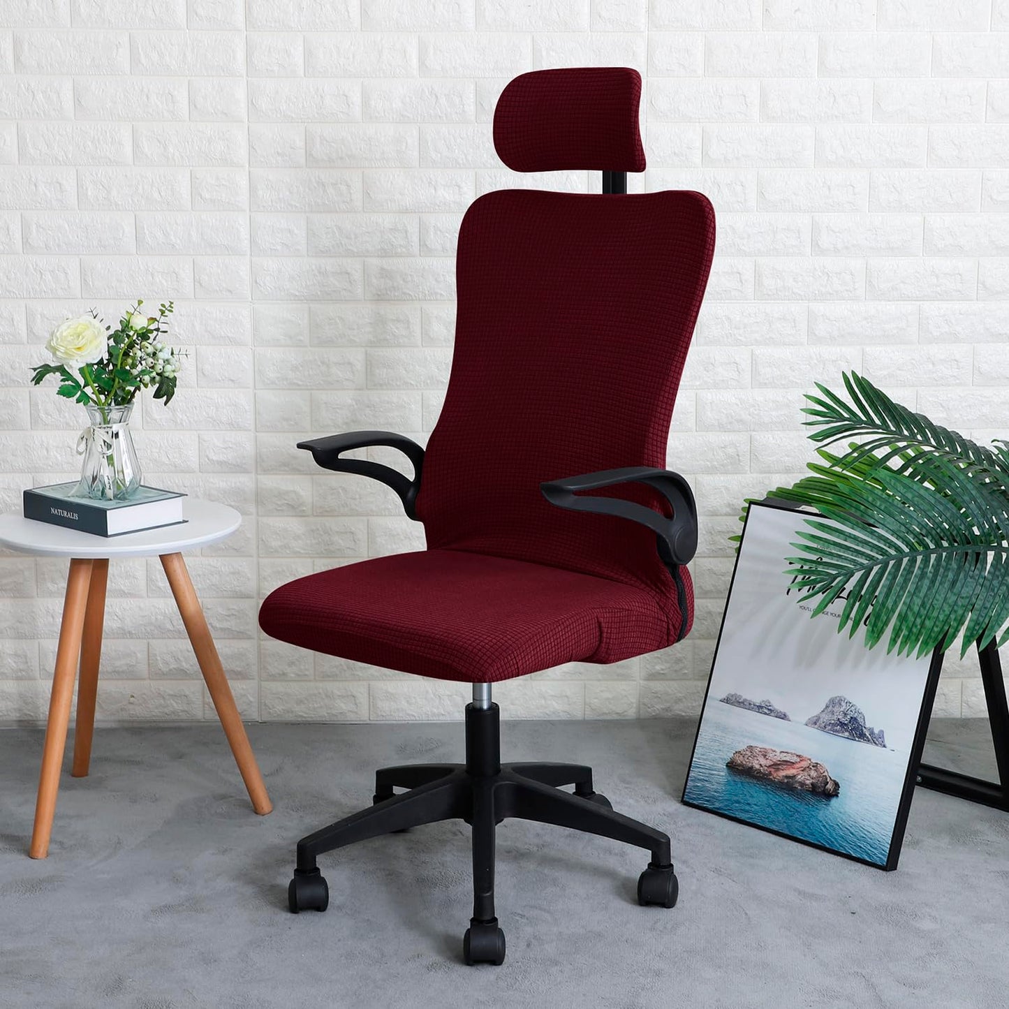 Stretchable Jacquard Office Boss Chair Seat Cover with Headrest Cover for Computer Desk Chair, Burgundy