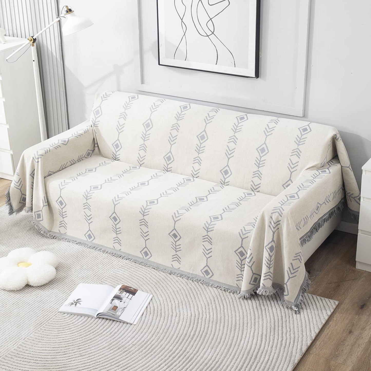 Thick, Soft and Pet Friendly Chenille Sofa Cover Throw, Off-White Aztec