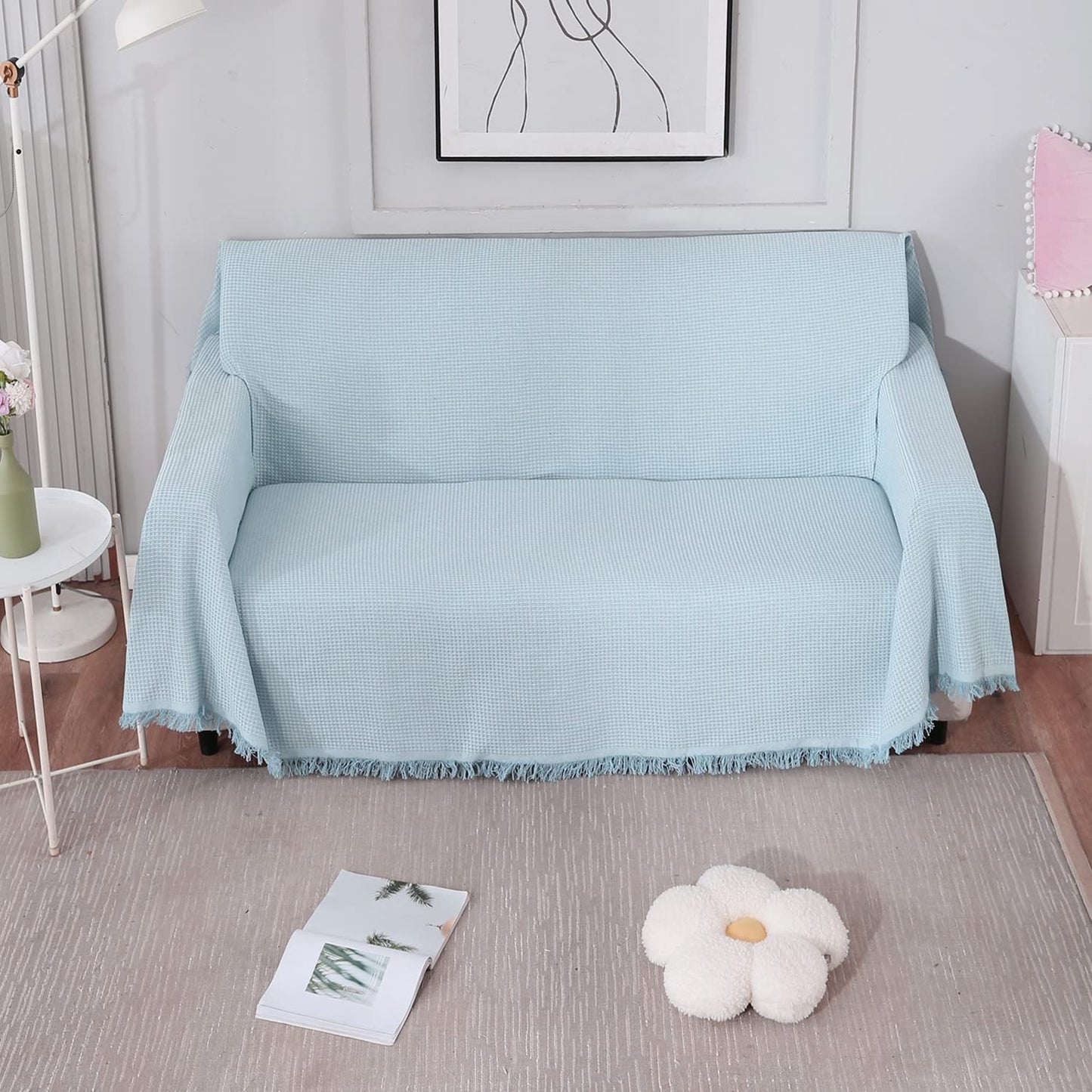 Blue polycotton sofa throw cover is machine washable, available for 1, 2, 3 seater sofas