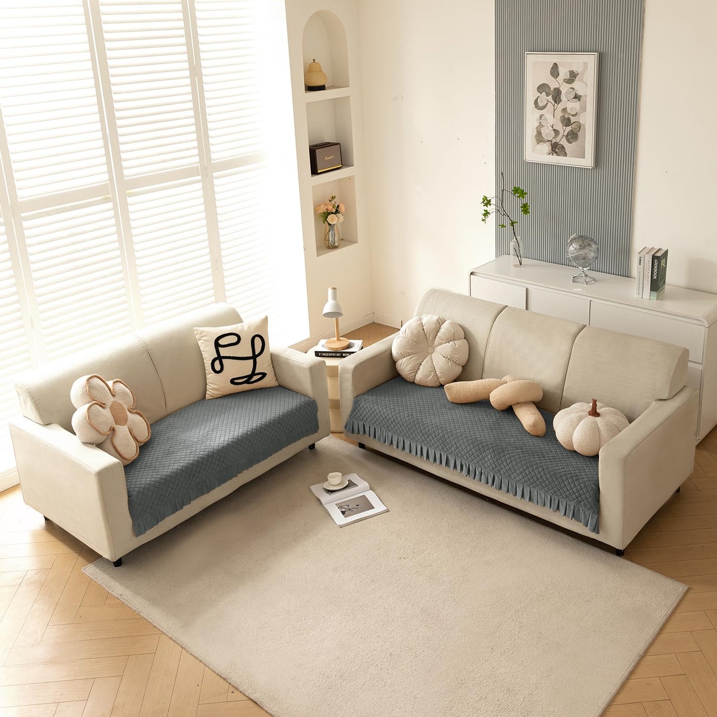 Holland Velvet Sofa Cover Seat Mat with Frill for 1/2/3 - Seater, Grey