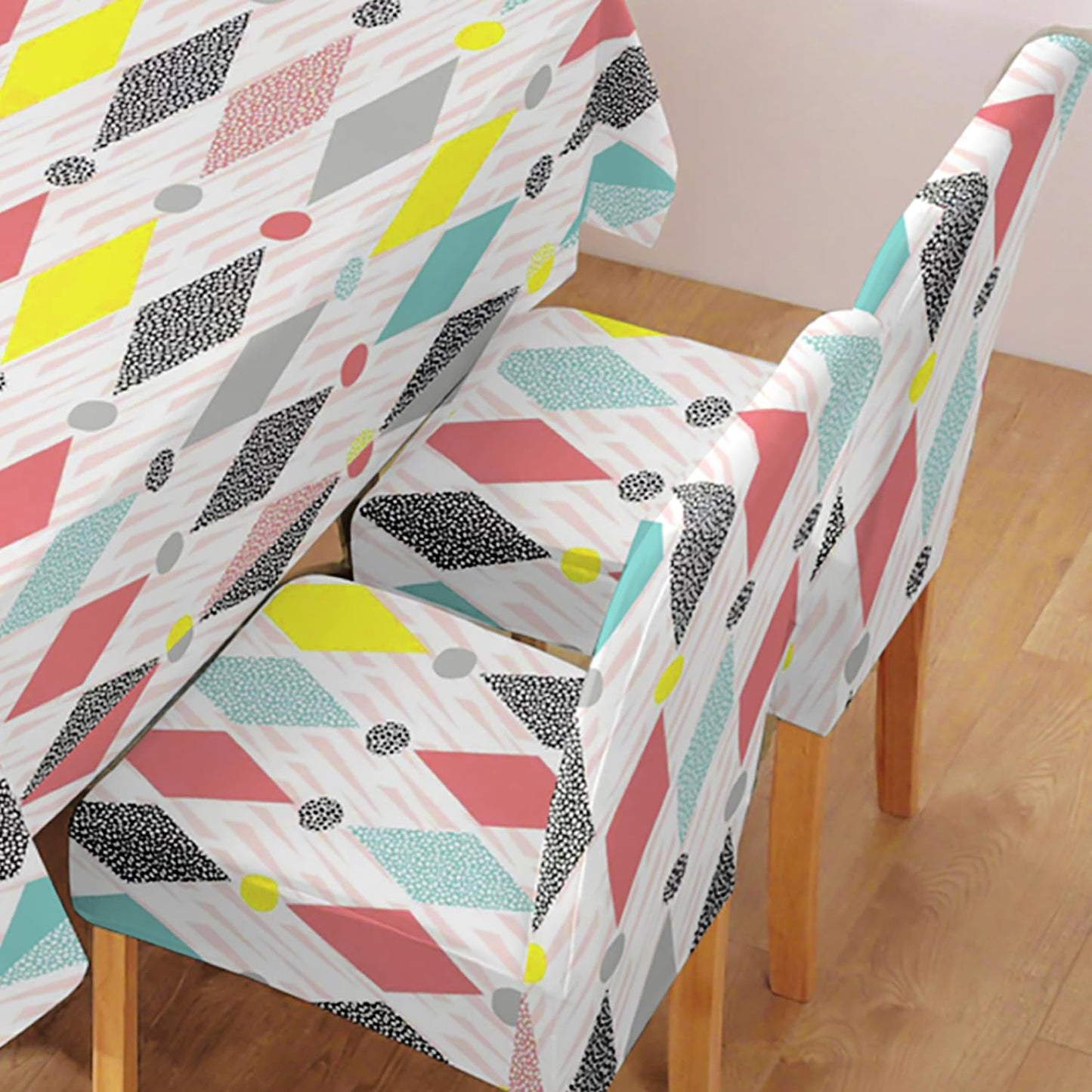 Elastic Dining Chair Covers Set of 4/6 with Matching Tablecloth, Rhombus Multicolor