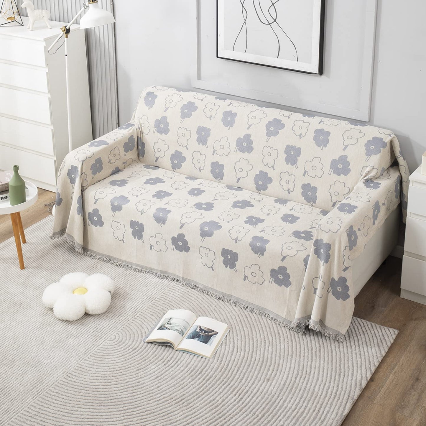 Buy off white floral print colour chenille sofa throw in size 180(D)x180(L) for one seater, 180(D)x230(L) for two seater, 180(D)x300(L) for 3 seater