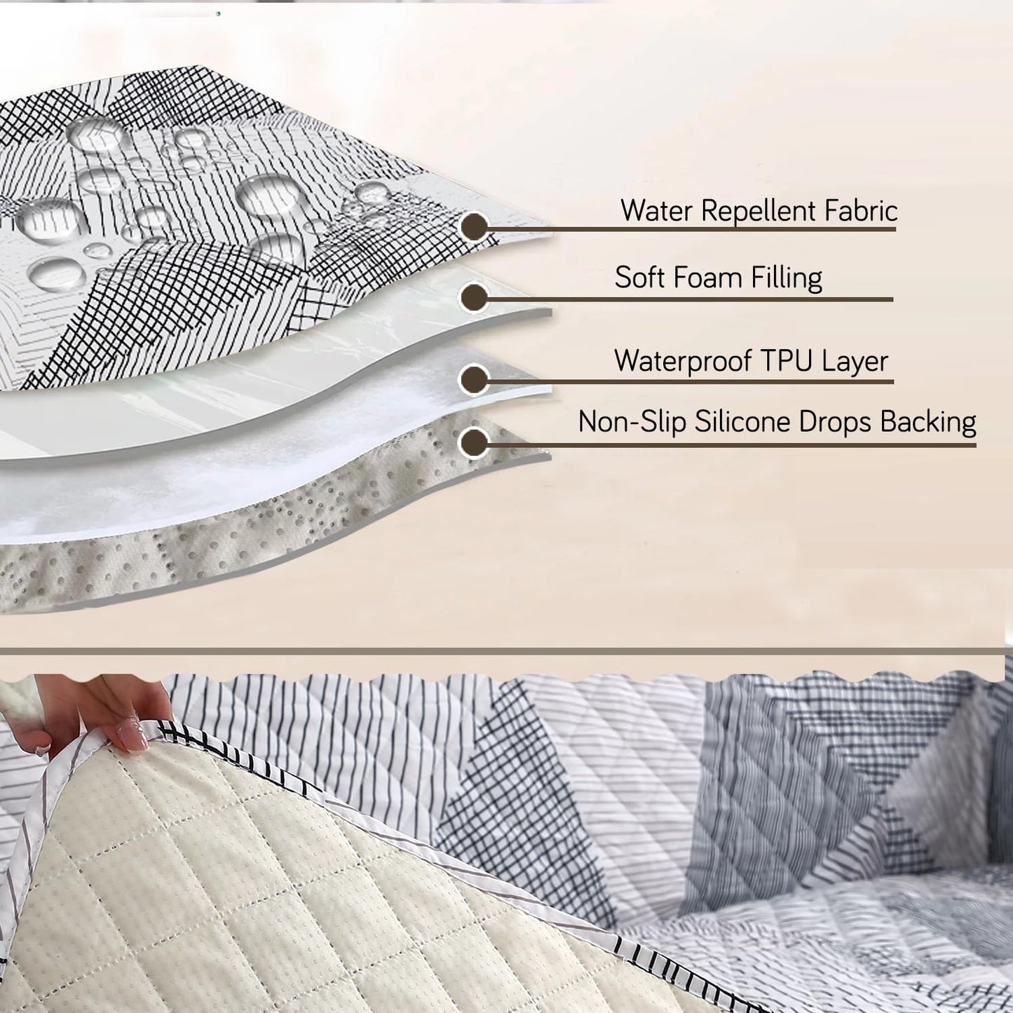 Quilted Recliner Water Repellent & Waterproof Cover for Small / Large - Snow White Black Geometry