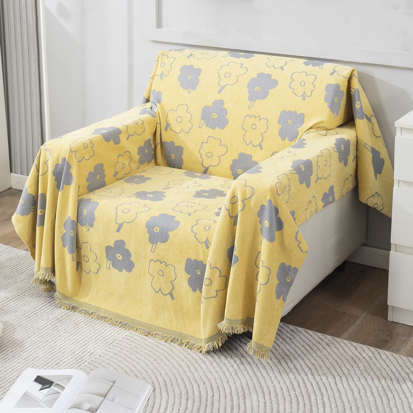 Thick, Soft and Pet Friendly Chenille Sofa Cover Throw, Yellow Floral