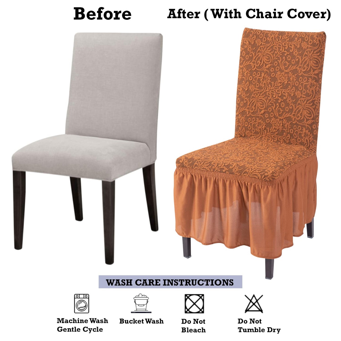 Elastic Stretchable Designer Woven Jacquard Dining Chair Cover with Frill, Caramel Brown