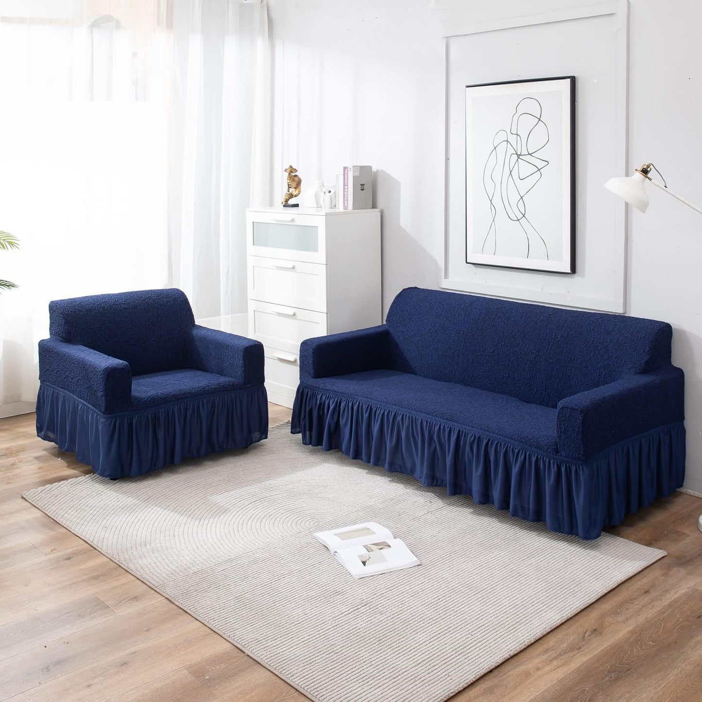 Navy Blue designer woven jacquard frill sofa cover 3 1 1