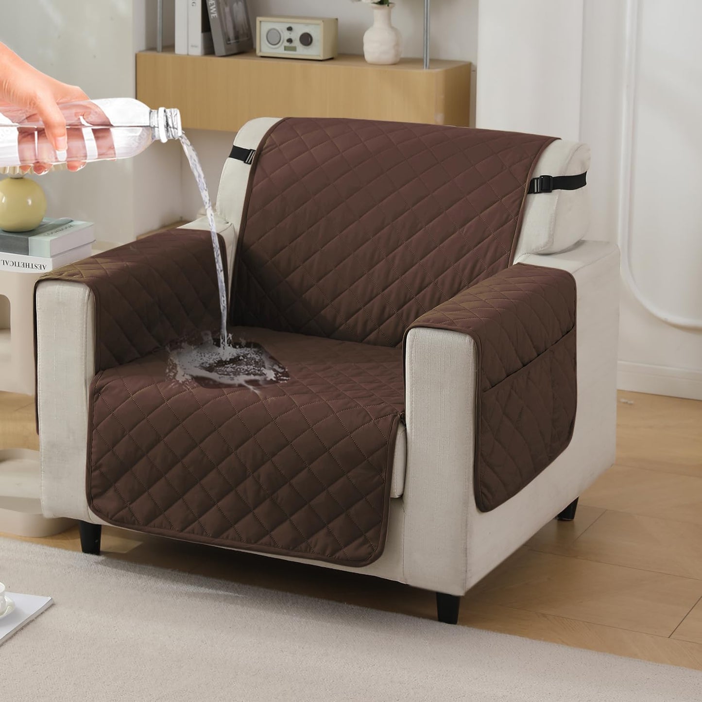 Quilted Waterproof Sofa Cover Mat with Pockets on Armrest Cover - Brown