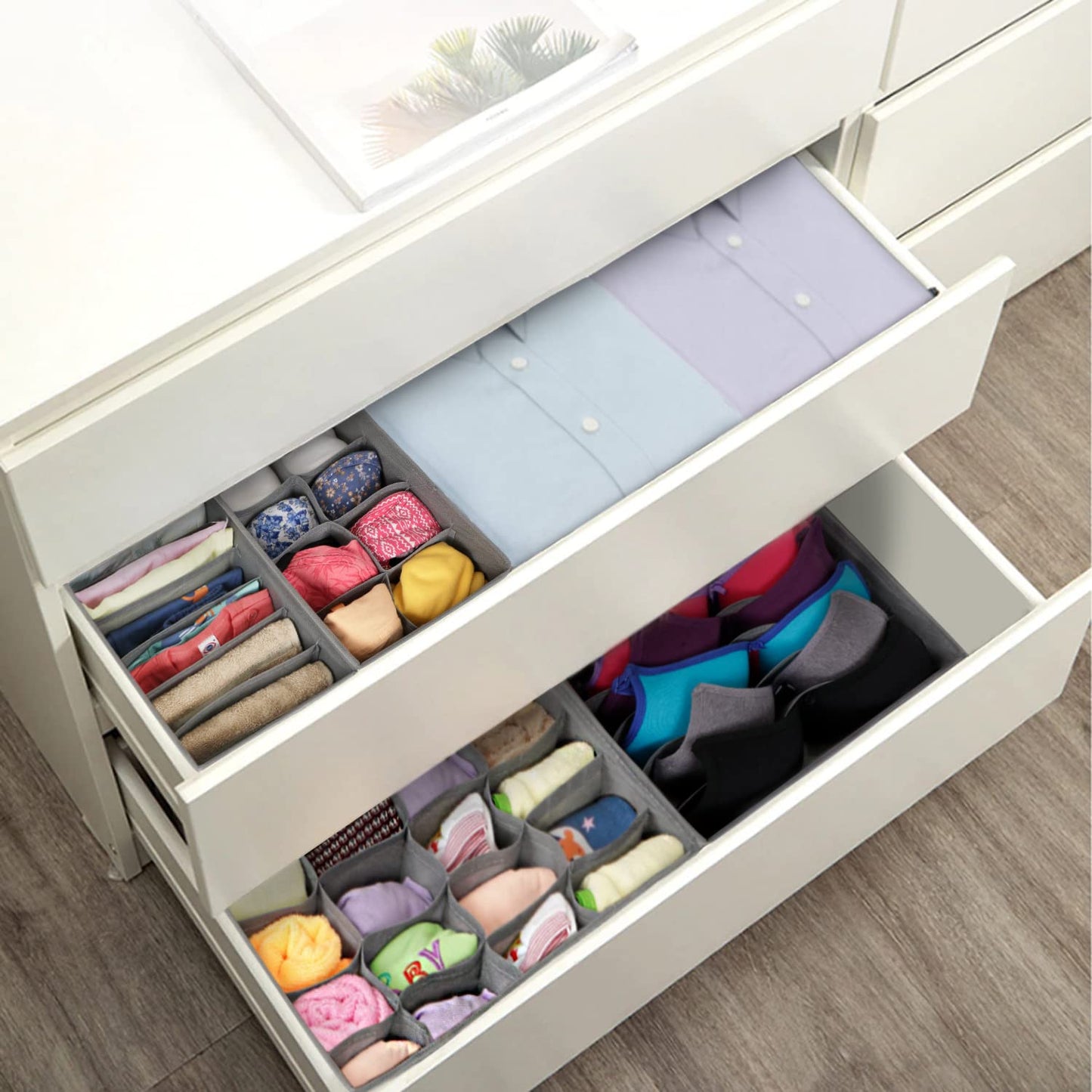 4 Pcs Undergarment Organizer Storage Box for Drawers Bra Panty Socks Tie Lingerie Organizer for Wardrobe, 24x8x7x6 Grid ,inside, Non-Woven Fabric, Grey