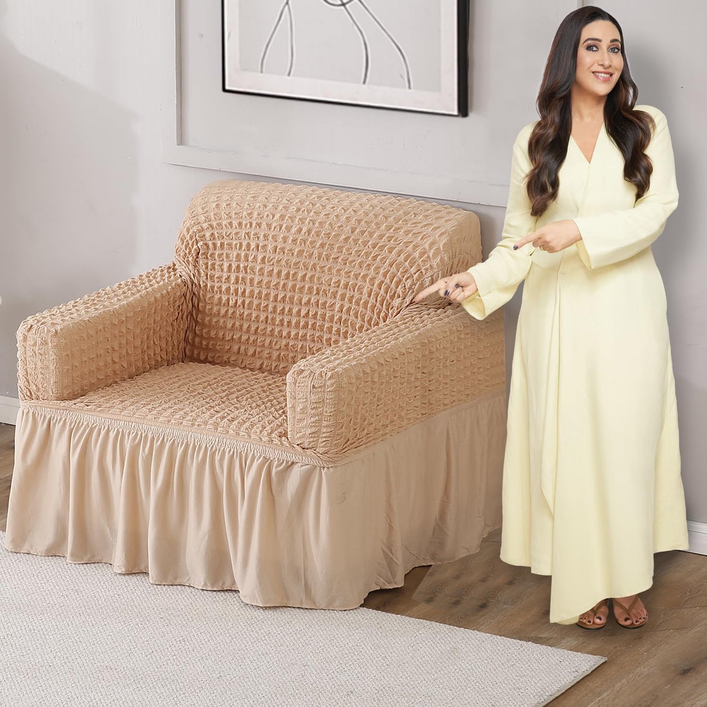 Beige Stretchable Turkish Bubble Frill 1 seater sofa cover