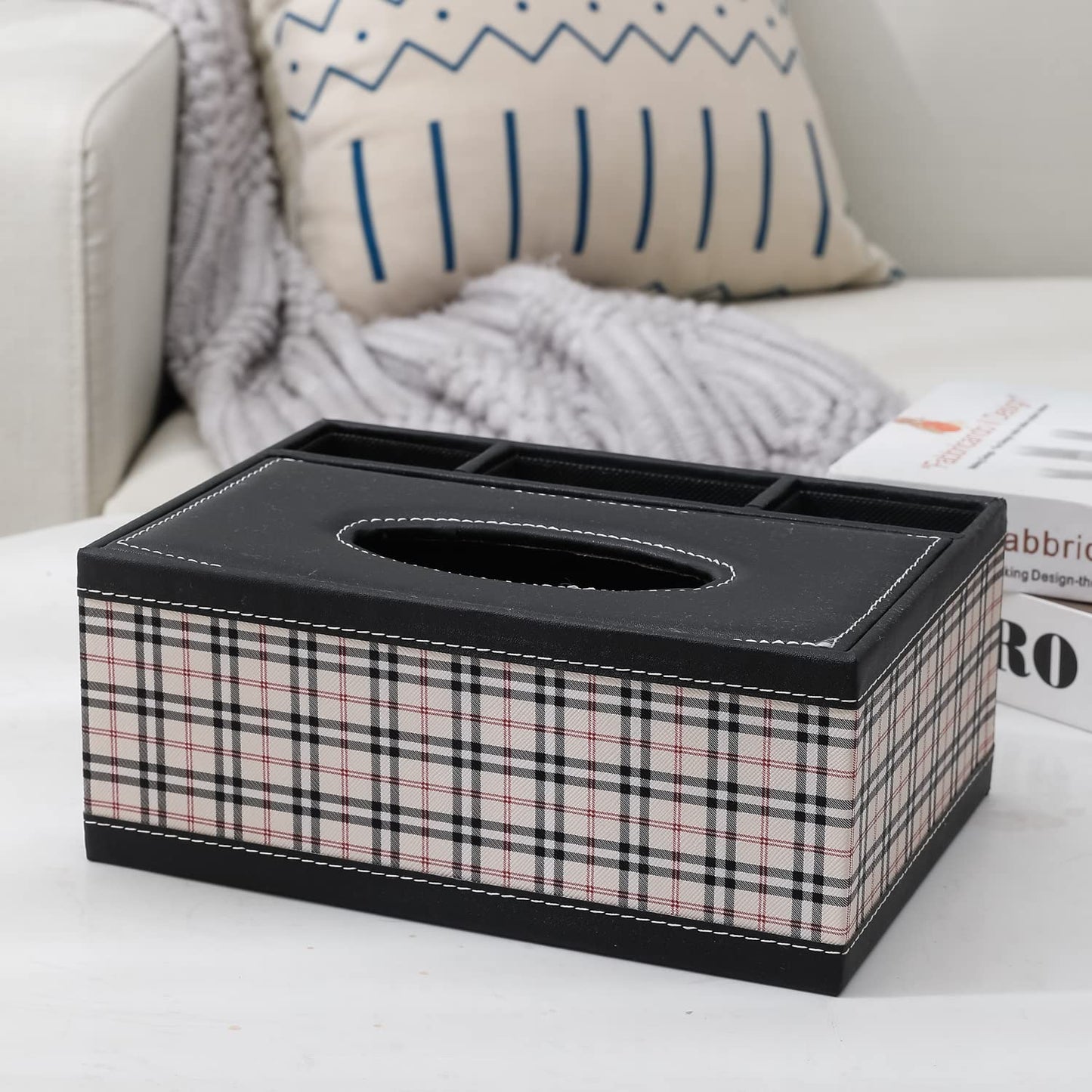 Faux Leather Tissue Storage Box with Compartment Remote Control Holder Desk Organizer