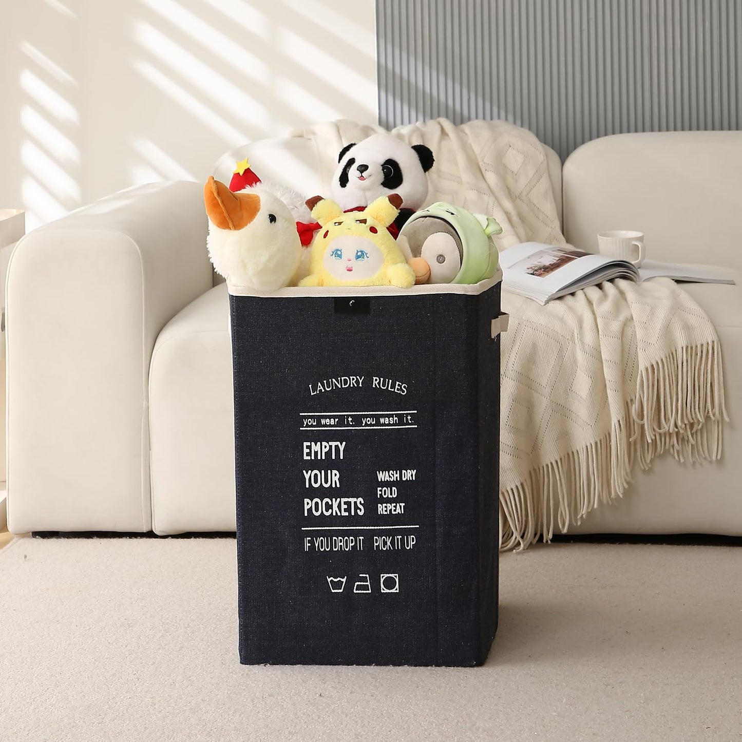 Foldable Laundry Basket for Clothes with Lid, Navy Blue