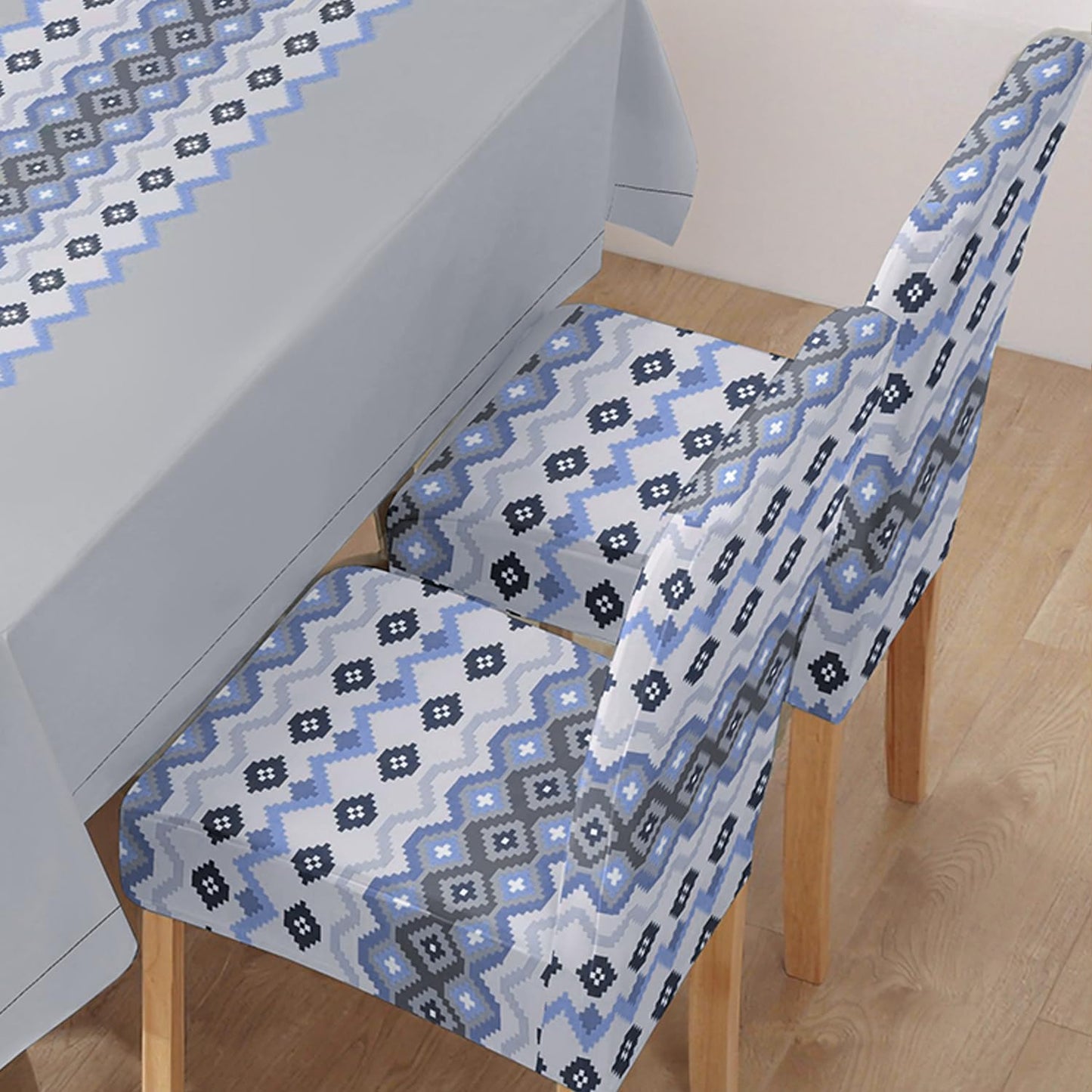 HOKIPO Polyester Dining Chair Covers Set of 4/6 with Matching Tablecloth, Mosaic Blissful Blue