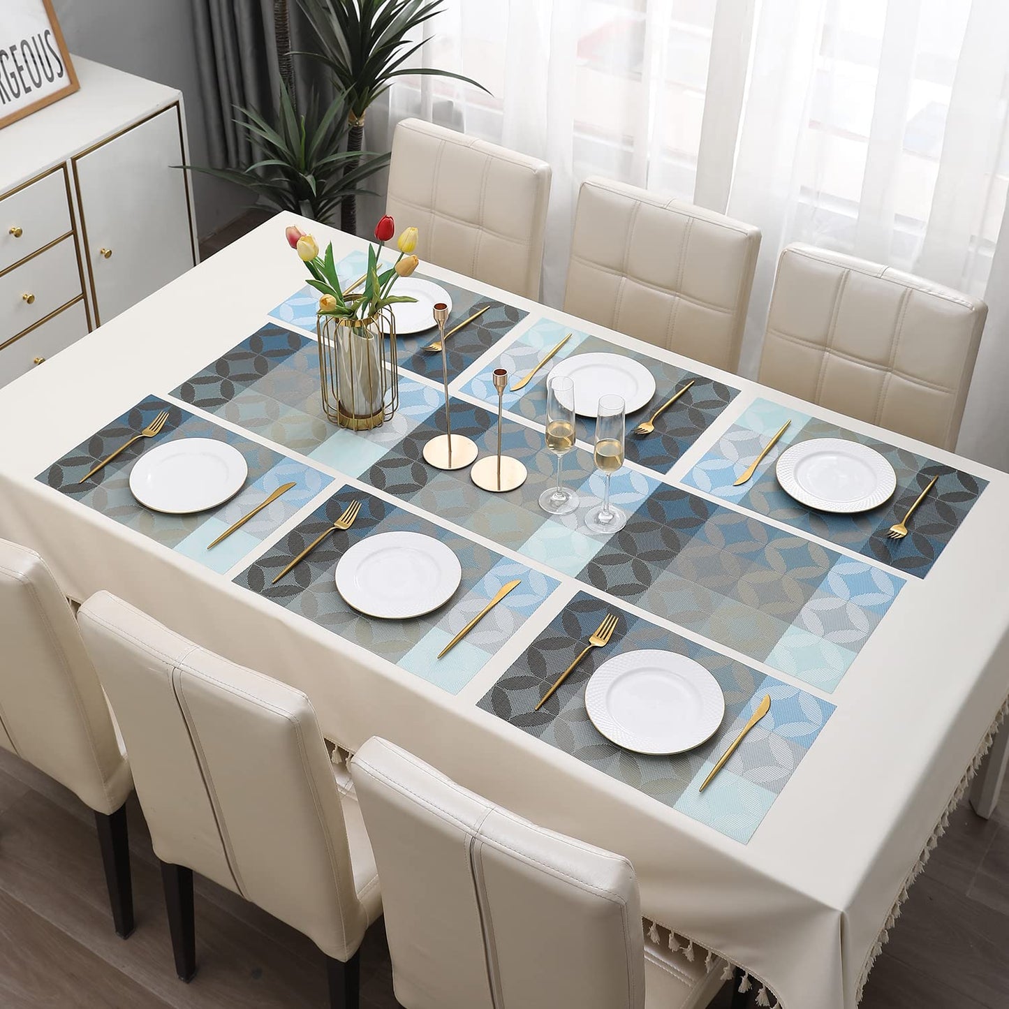 PVC Dining Table Mats, Geometric Blue