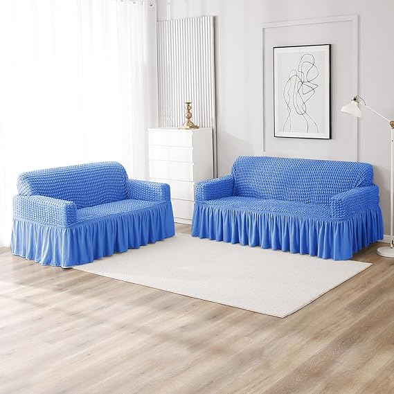 Sky Blue Elastic stretchable Turkish bubble frill sofa cover set for 1, 2, 3, 4, 5, 6, & 7 Seater sofa