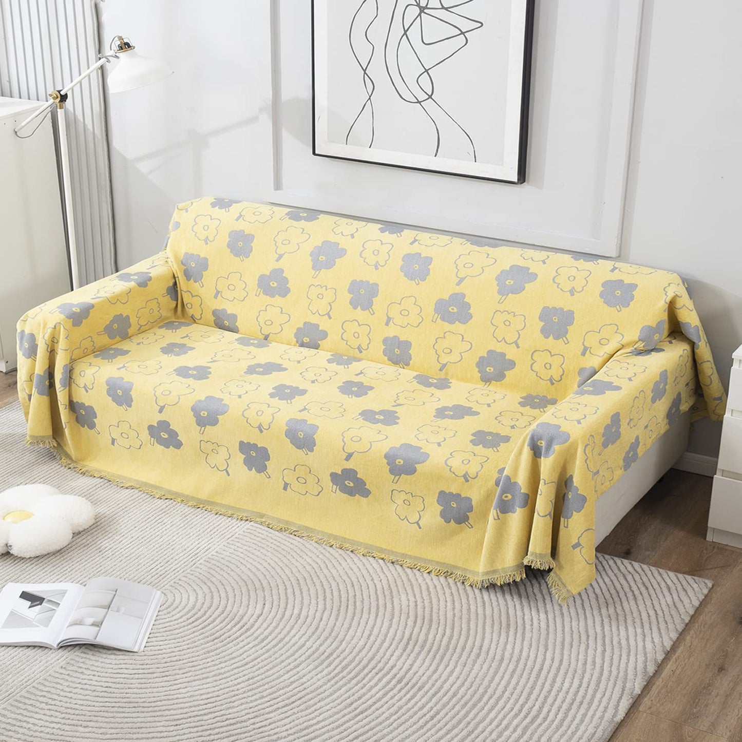 Thick, Soft and Pet Friendly Chenille Sofa Cover Throw, Yellow Floral