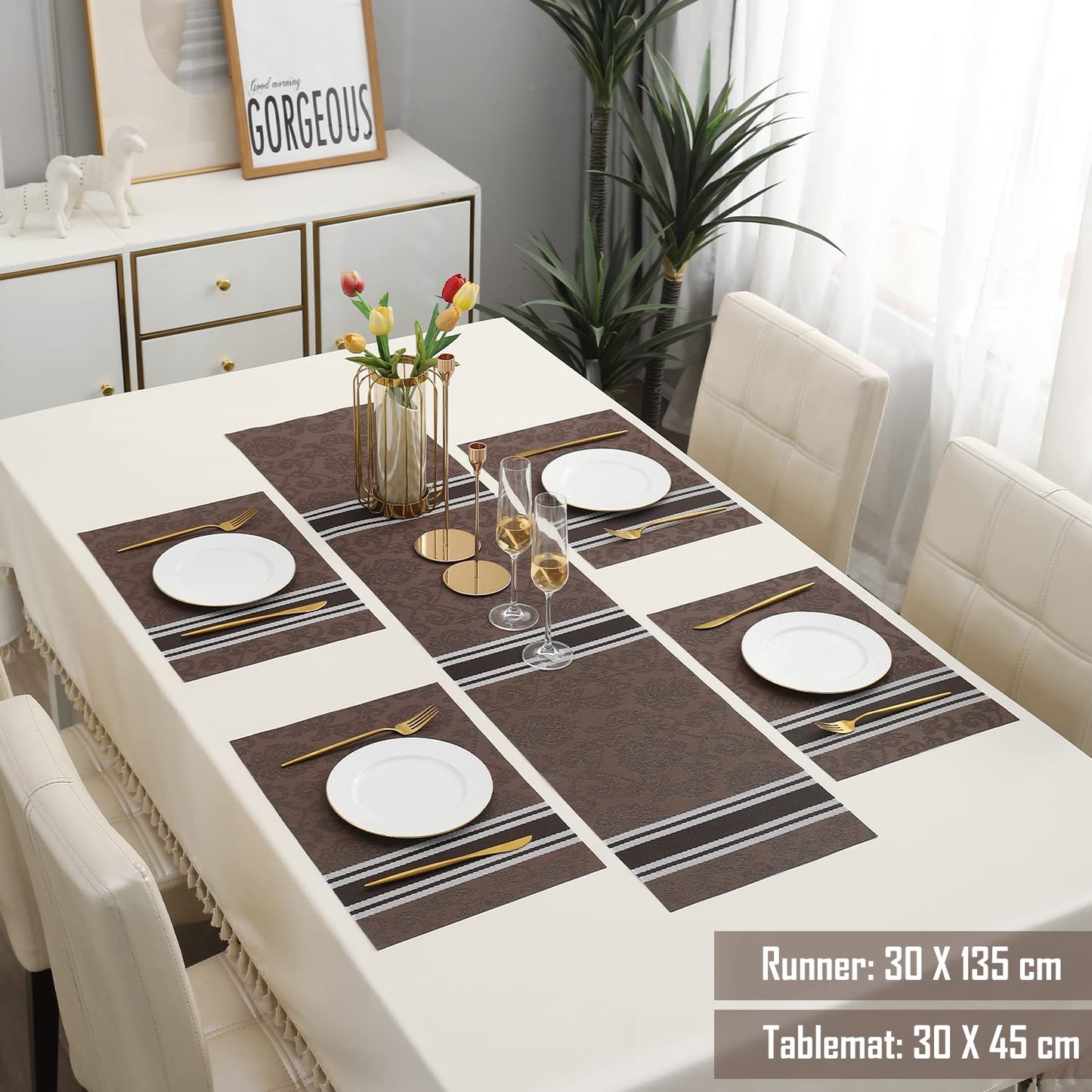 PVC Dining Table Mats, Damask Brown