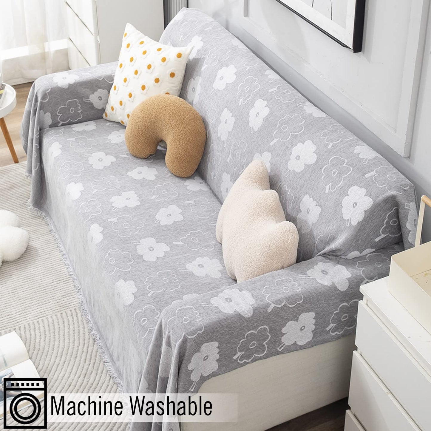 Grey Floral Chenille Sofa Throw | Thick & Soft for 1/2/3 Seater