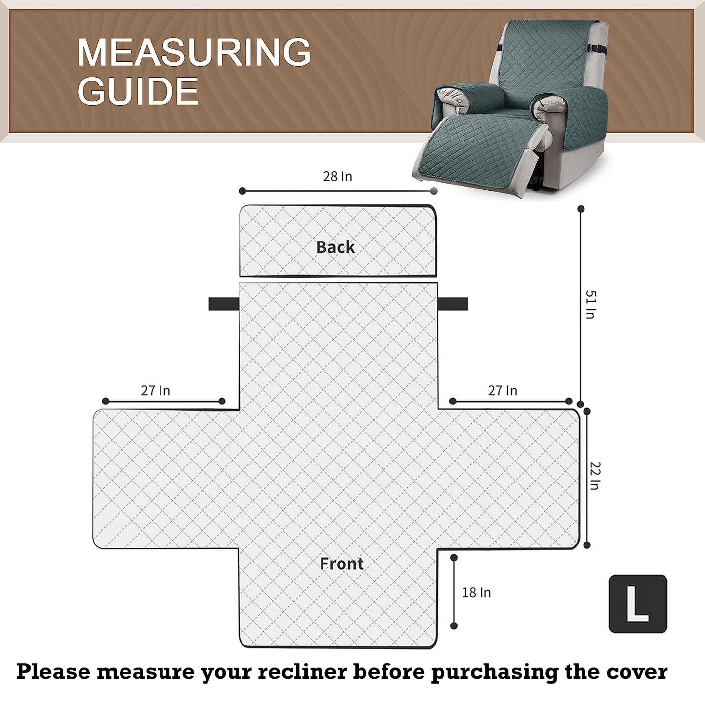 Quilted Recliner Chair Cover With Side Pockets for 1 Seater Sofa, Dark Grey