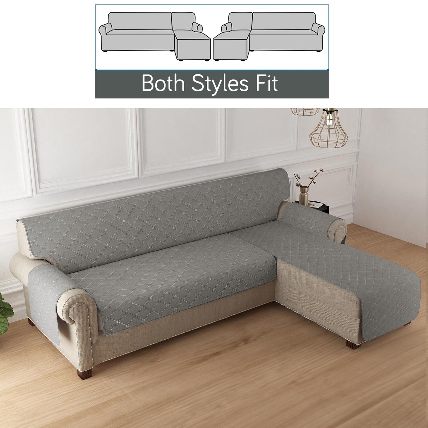 HOKIPO Quilted Reversible One Piece L Shape 4/5/6 Seater Sofa Cover Mat, Light Grey