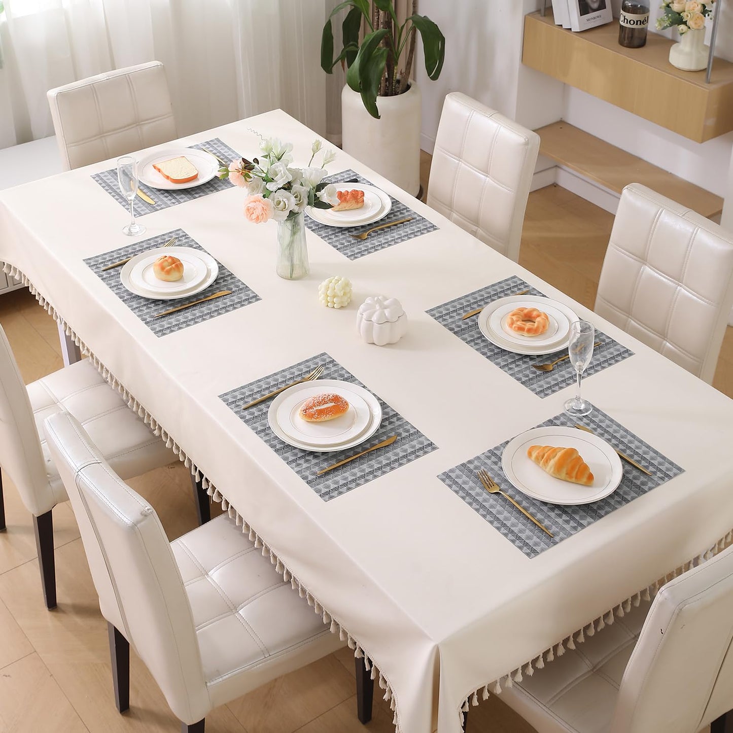HOKIPO PVC Dining Table Mats and Runner Set of 4/6, Cool Grey Rhombus