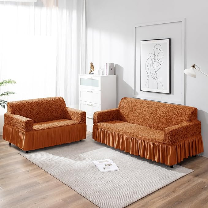 Caramel Brown designer woven jacquard frill sofa cover for 3 2 seater sofa
