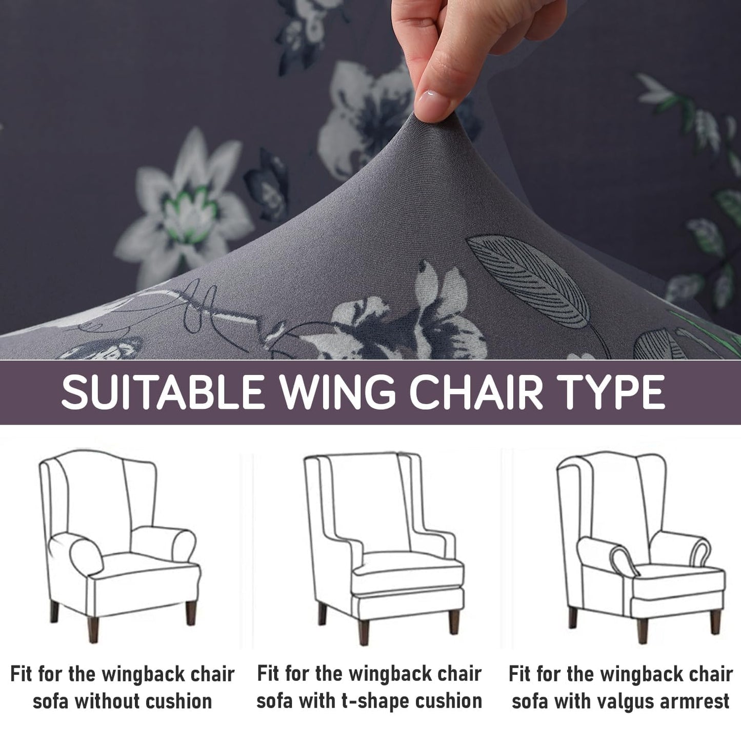Stretchable 140 GSM Wing Chair Cover, Bentonite Grey Budding Florals