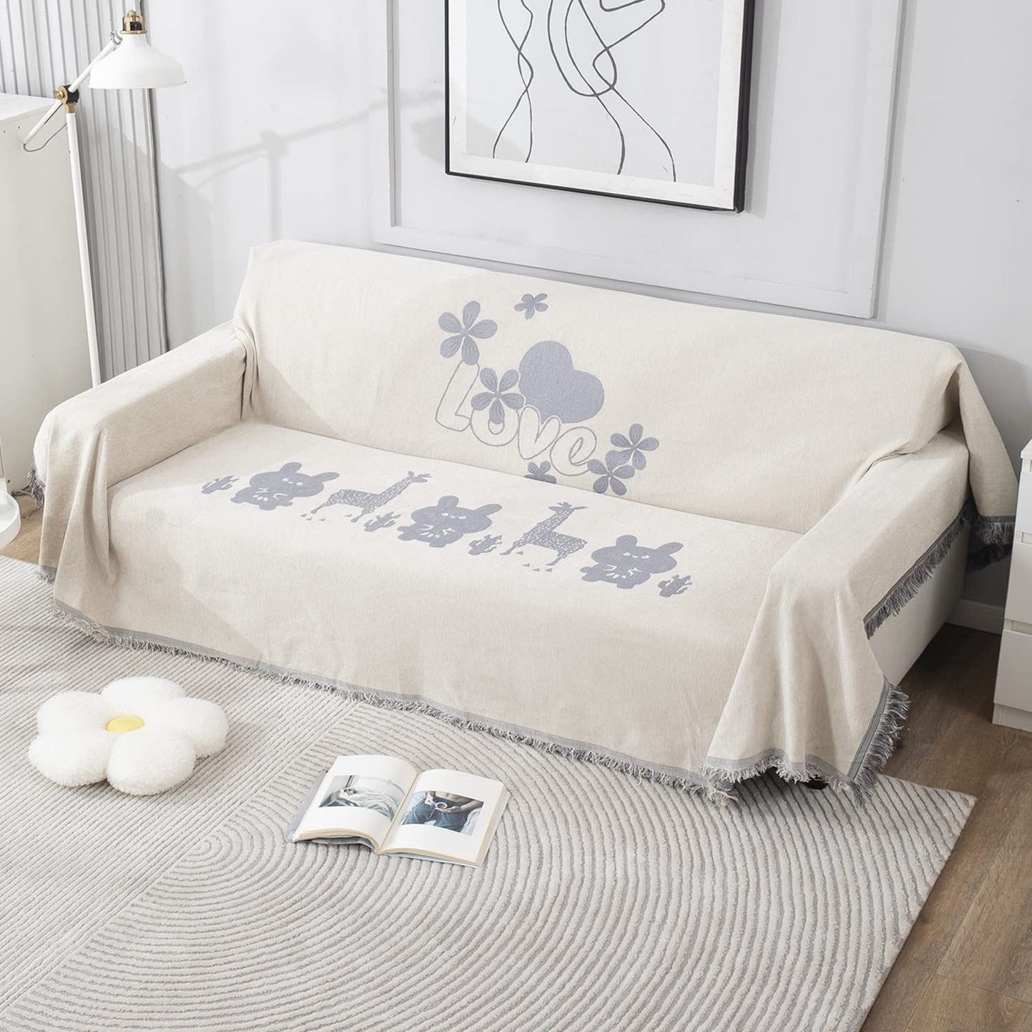 Off-White Nature, Soft and Pet Friendly Chenille Sofa Throw Cover