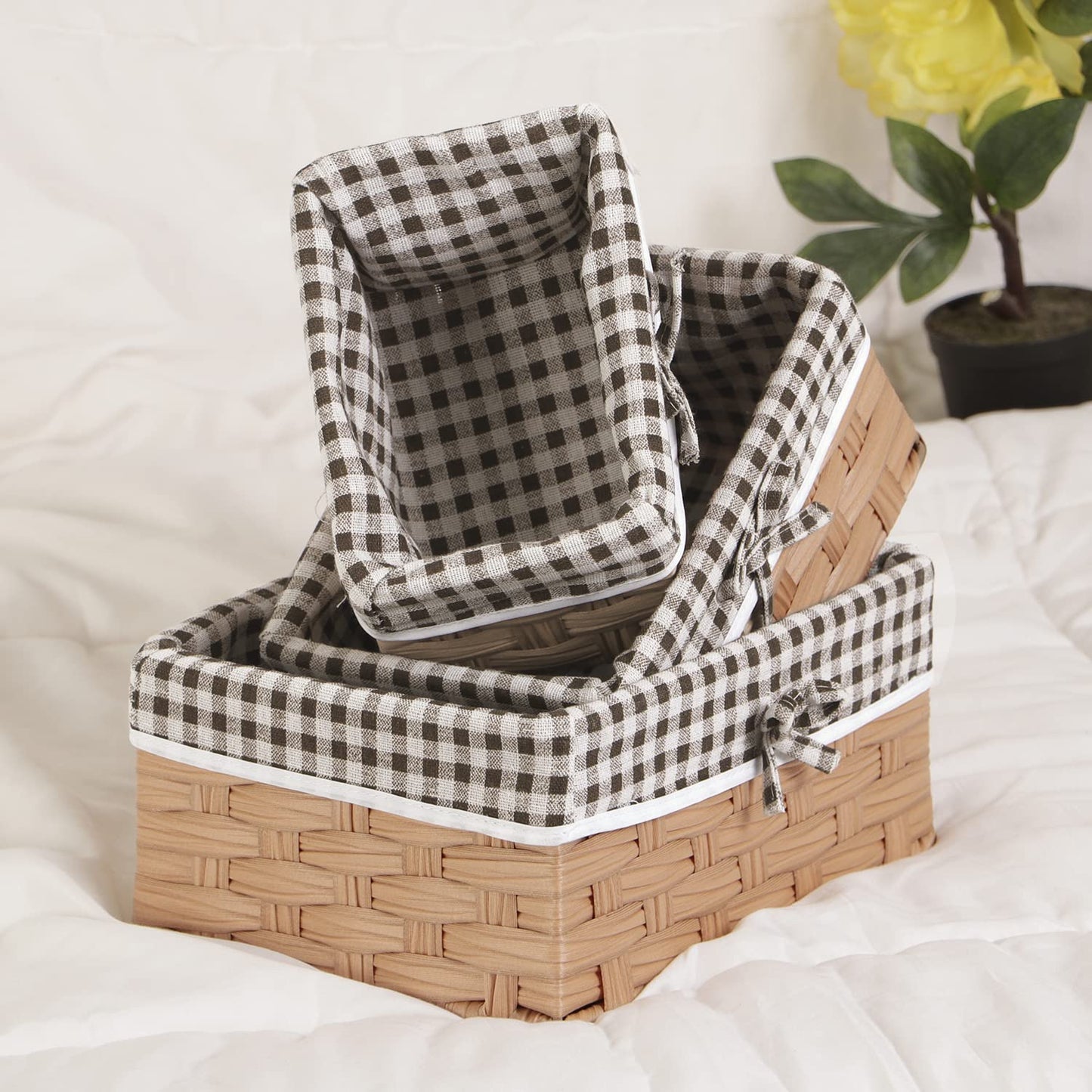 Handwoven Imitation Rattan Wicker Rectangular Basket For Home, Office, Wardrobe. Pack Of 3, Light Brown