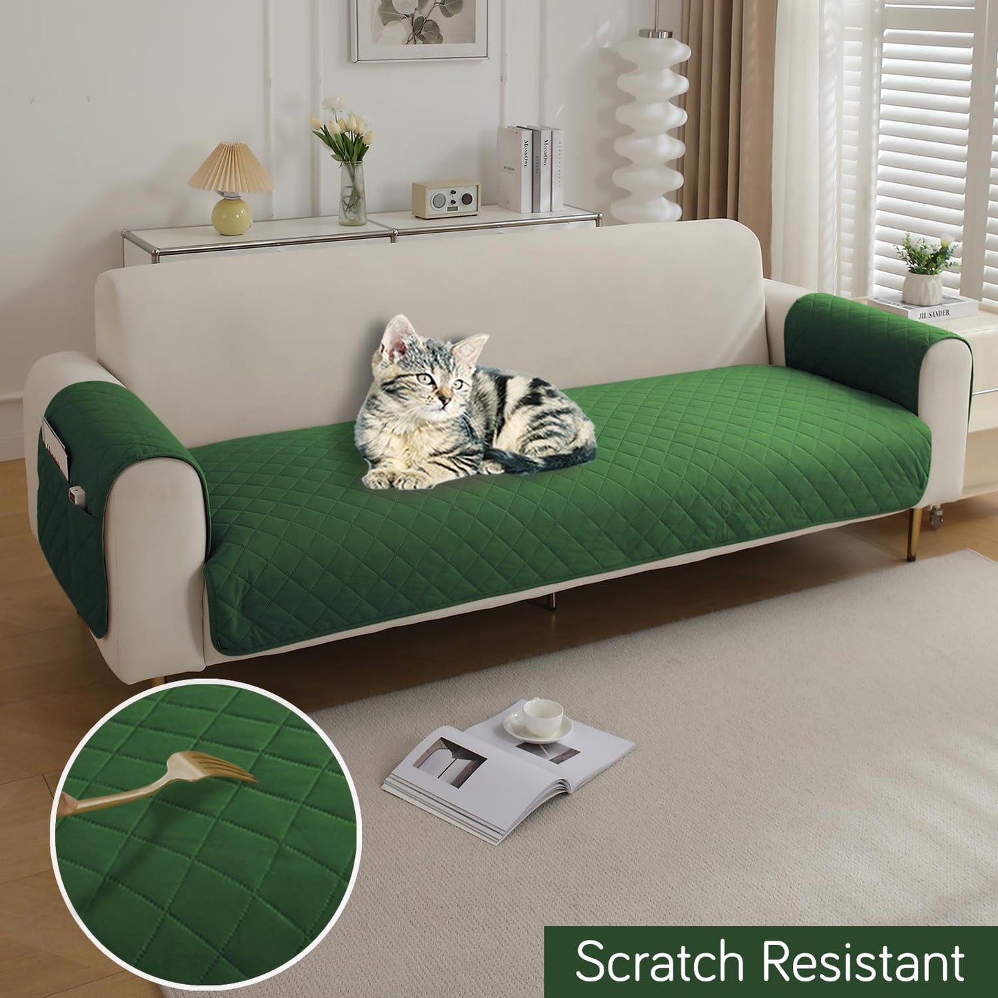 HOKIPO Quilted Waterproof Sofa Seat Mat for 1/2/3 Seater Sofa with 2 Armrest Covers with Pockets, Green