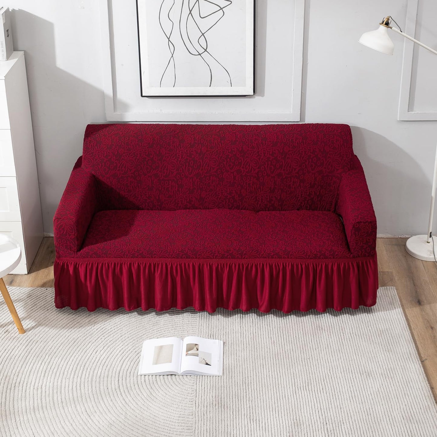 Wine Red three seater designer woven jacquard frill sofa cover set