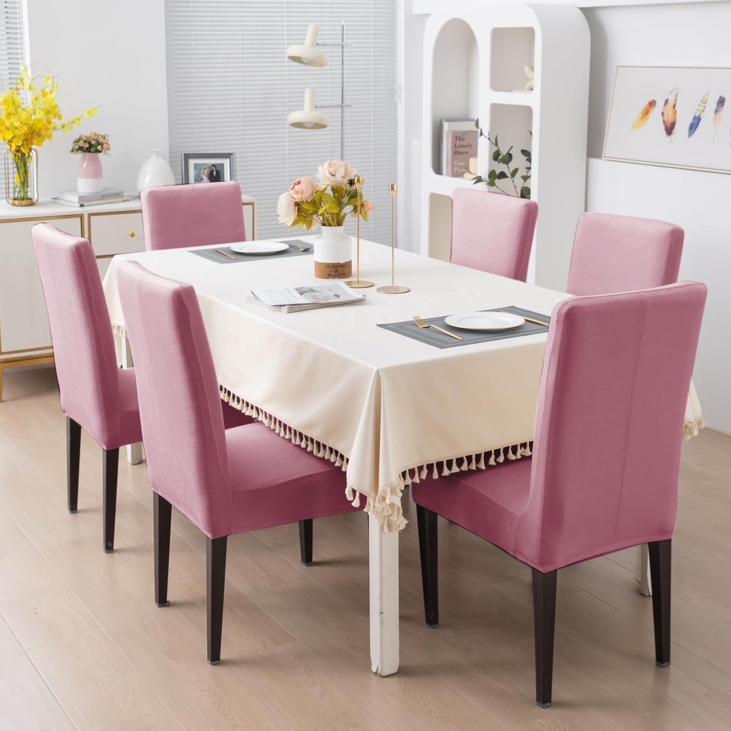 Elastic Stretchable Premium Velvet Dining Chair Cover, Pink