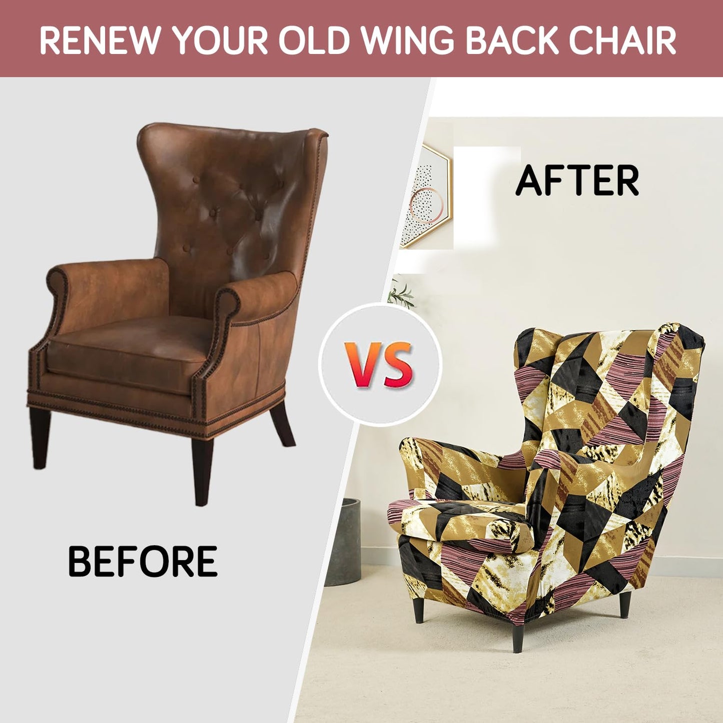 Wine Abstract Geometry Stretchable Chair Cover for Wingback Chair