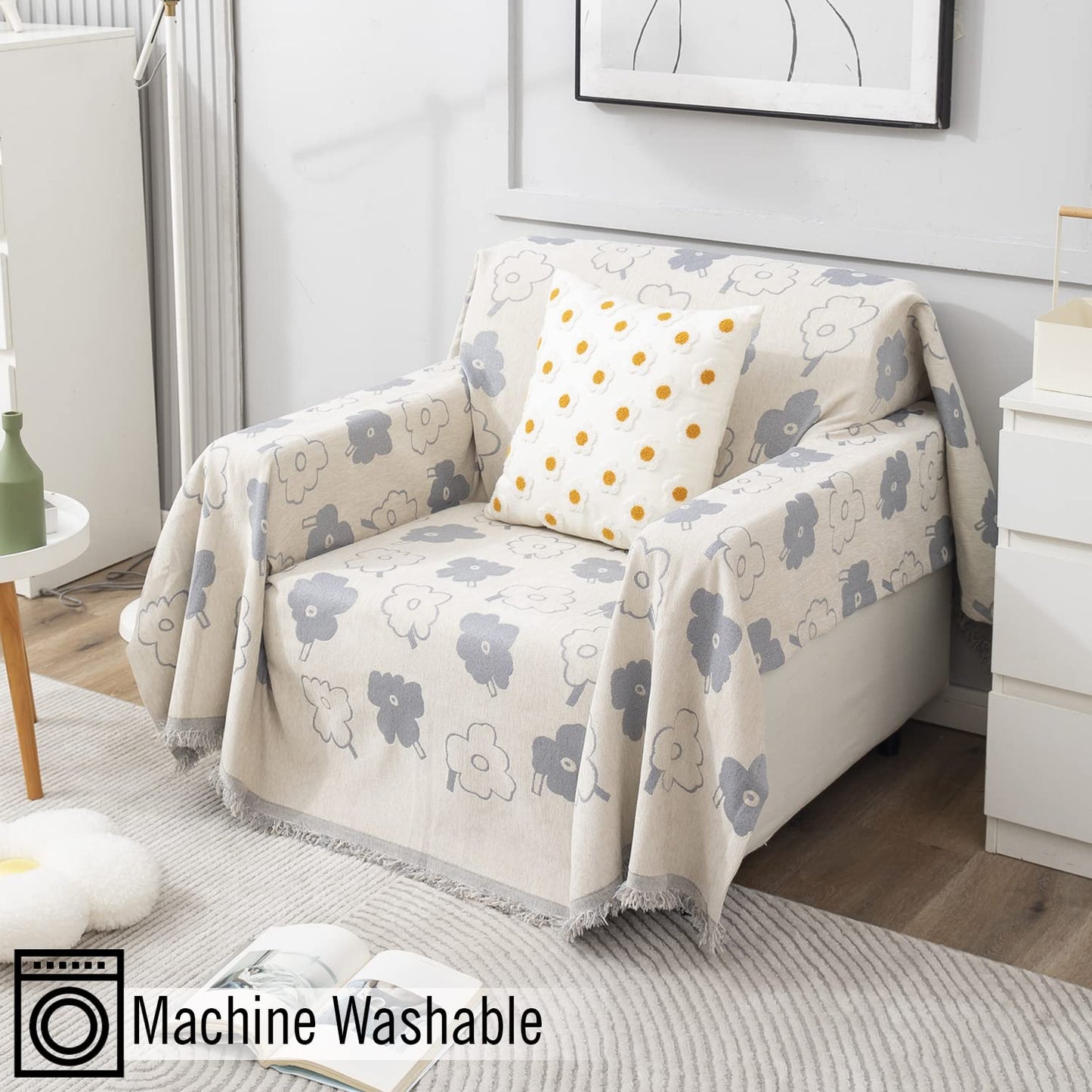 Thick, Soft and Pet Friendly Chenille Sofa Cover Throw, Off-White Floral