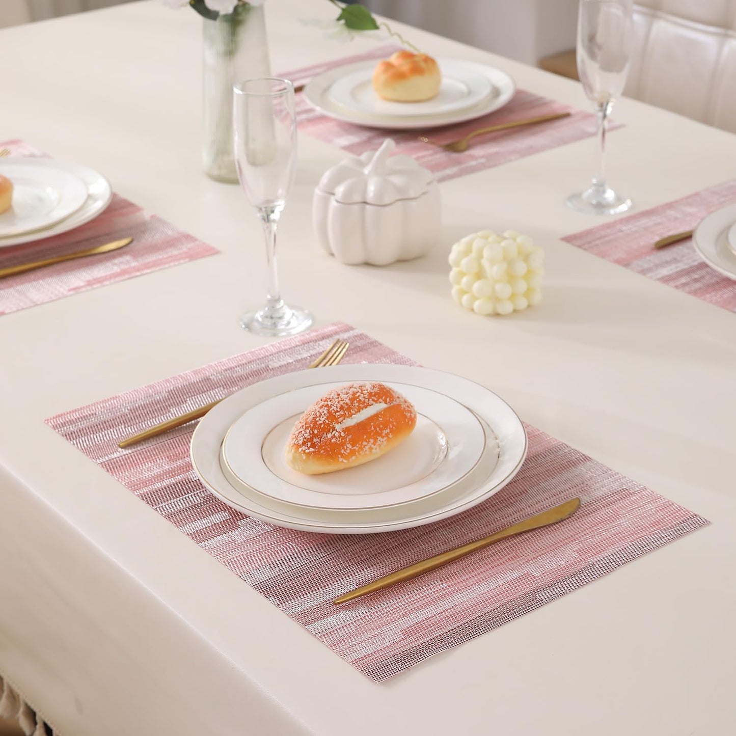 HOKIPO PVC Dining Table Mats and Runner Set of 4/6, Rosemilk Essence Vertical Lines
