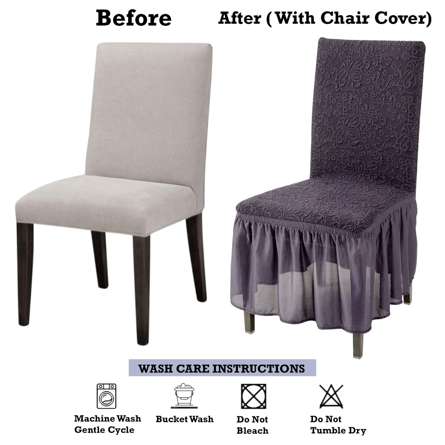 Elastic Stretchable Designer Woven Jacquard Dining Chair Cover with Frill, Abbey Grey