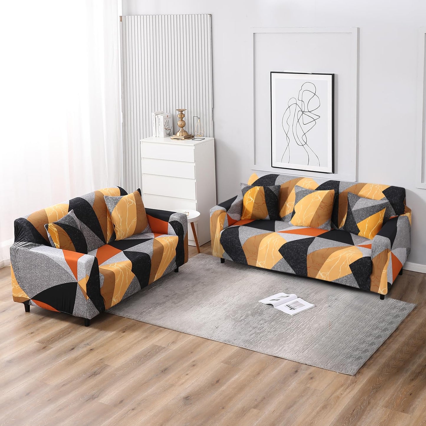 Elastic Stretchable Printed Sofa Cover, Multicolor Geometric Abstract