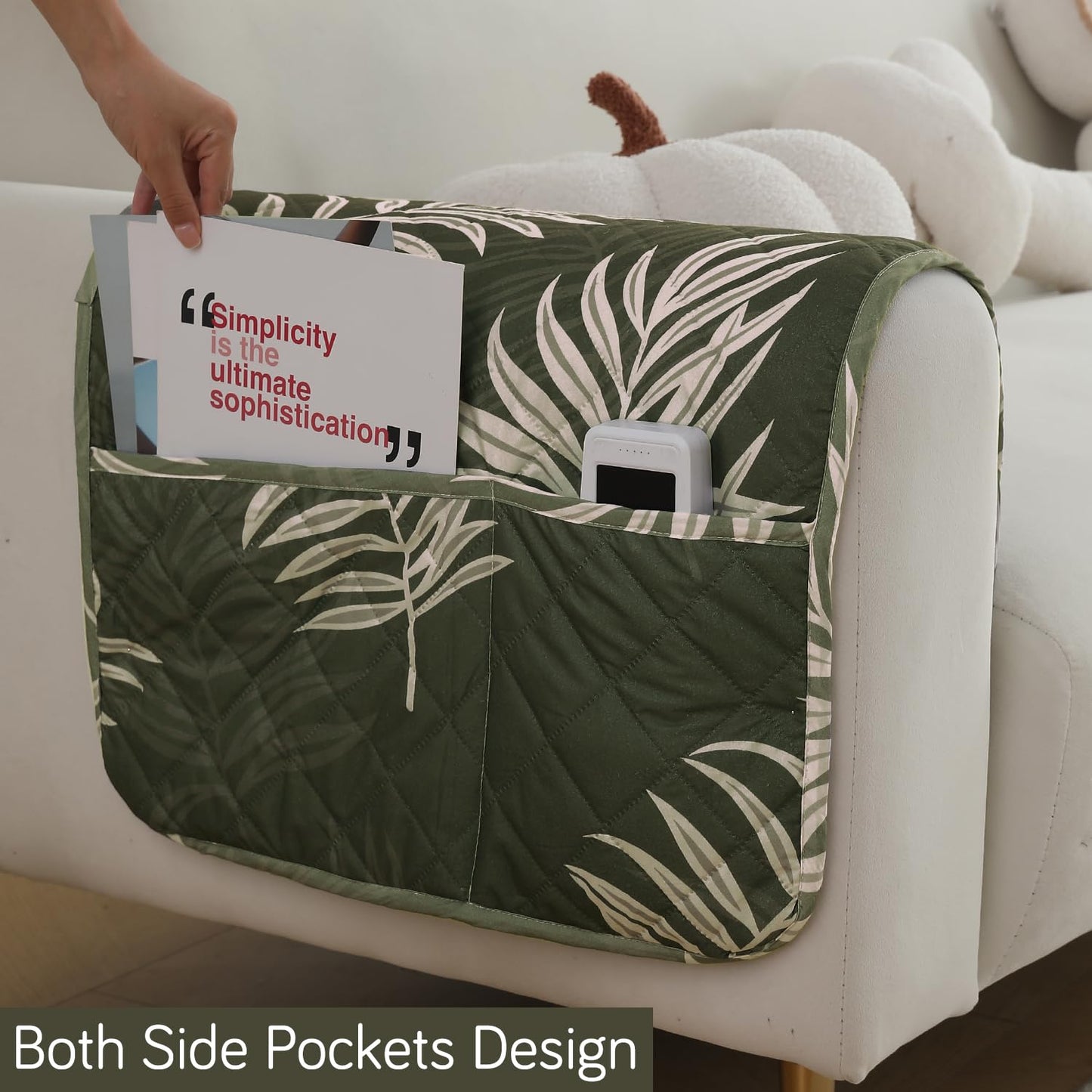 Quilted, Waterproof and Anti-Slip Sofa Cover Mat, Palm Leaves Olive