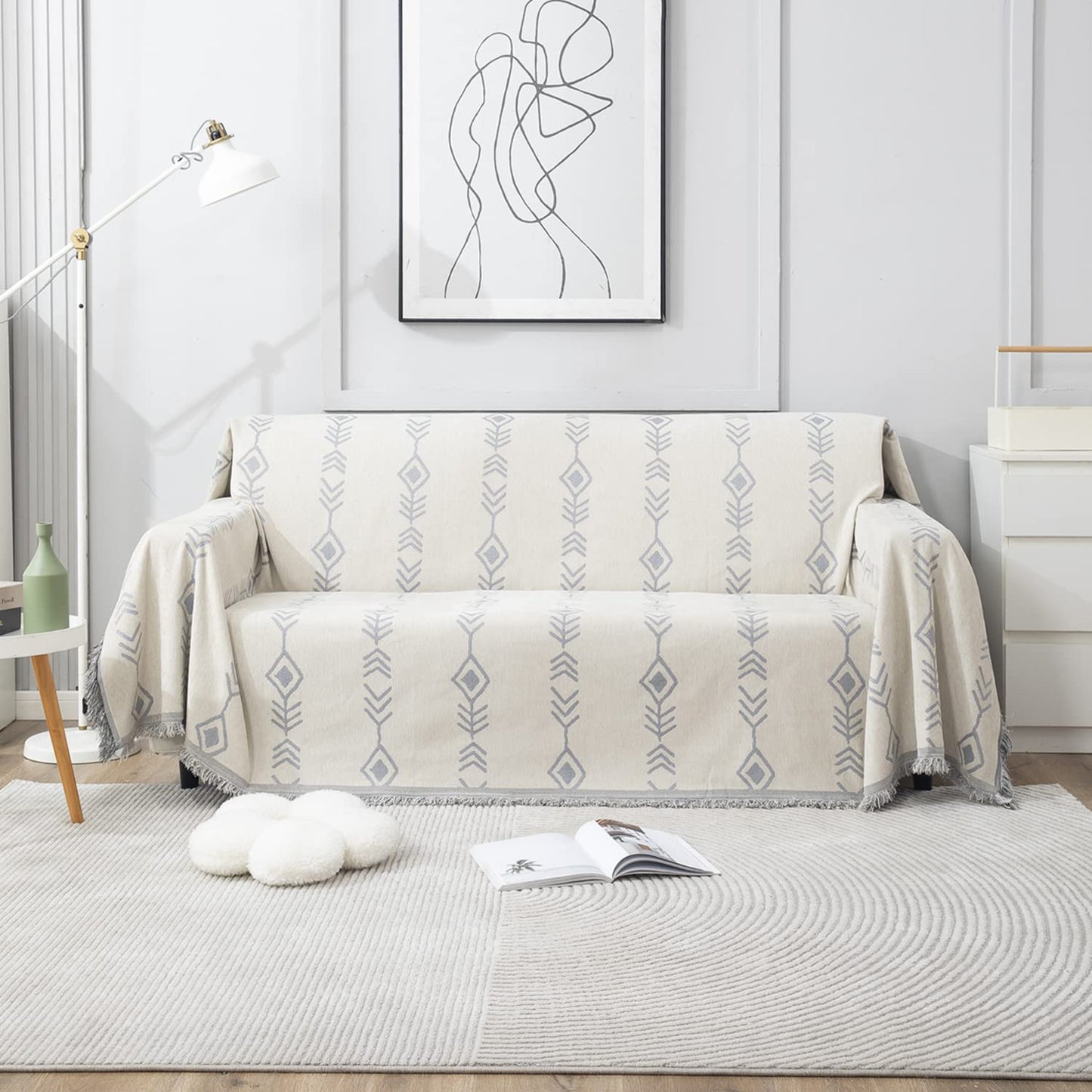 Thick, Soft and Pet Friendly Chenille Sofa Cover Throw, Off-White Aztec