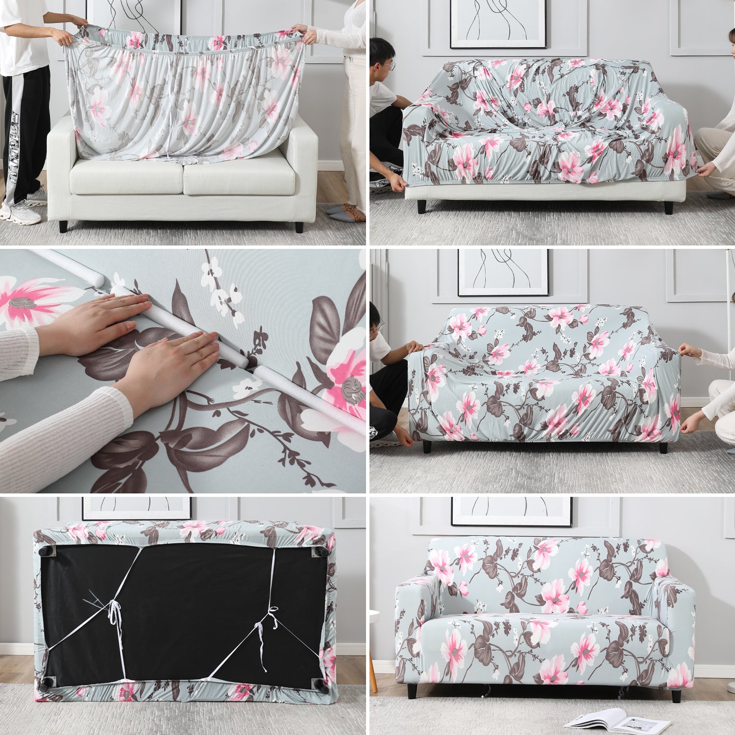 Step-by-step guide on How to put on Bluish Grey  Printed elastic sofa cover