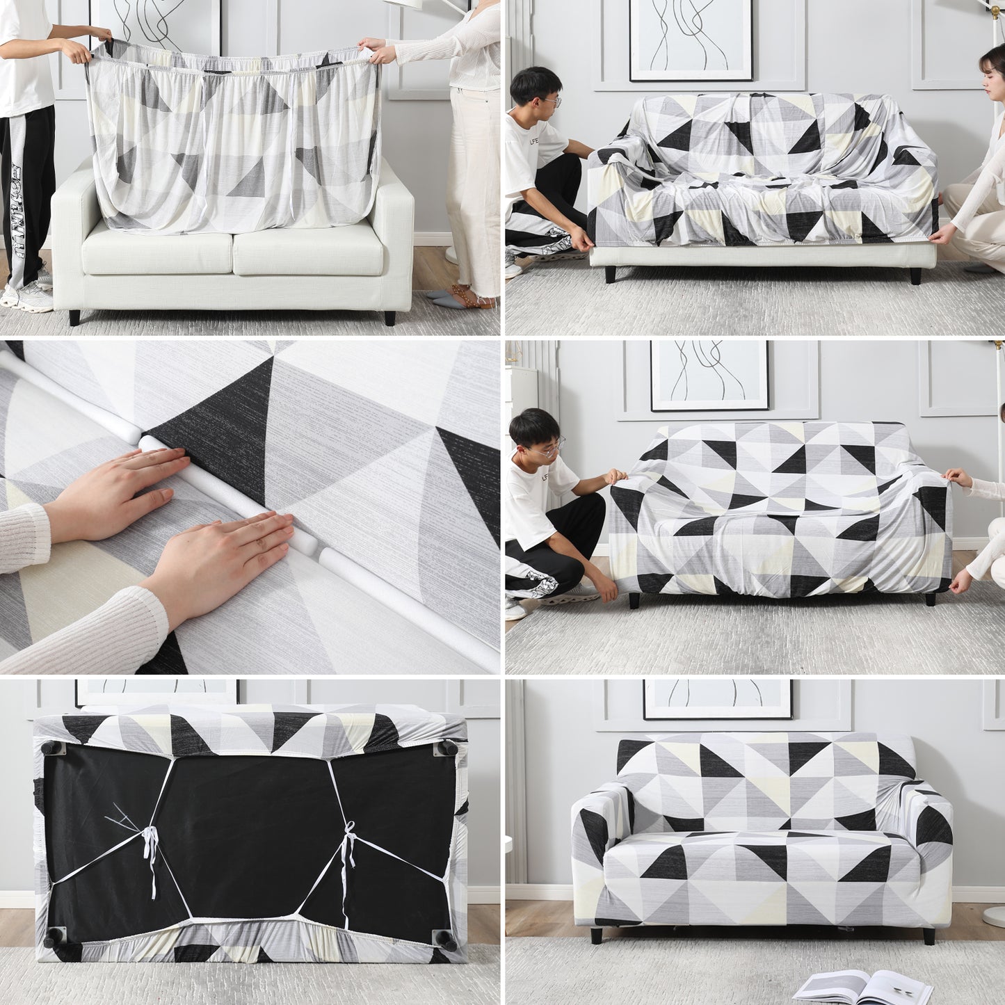 Elastic Stretchable Printed Sofa Cover, Black Grey Geometric