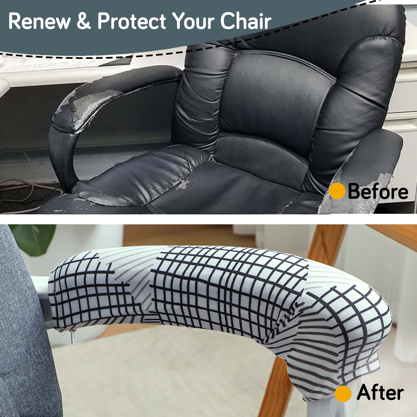 140gsm Printed Armrest Covers for Office Chair (Zipper Style), 1 Pair, Snow White Black Geometry