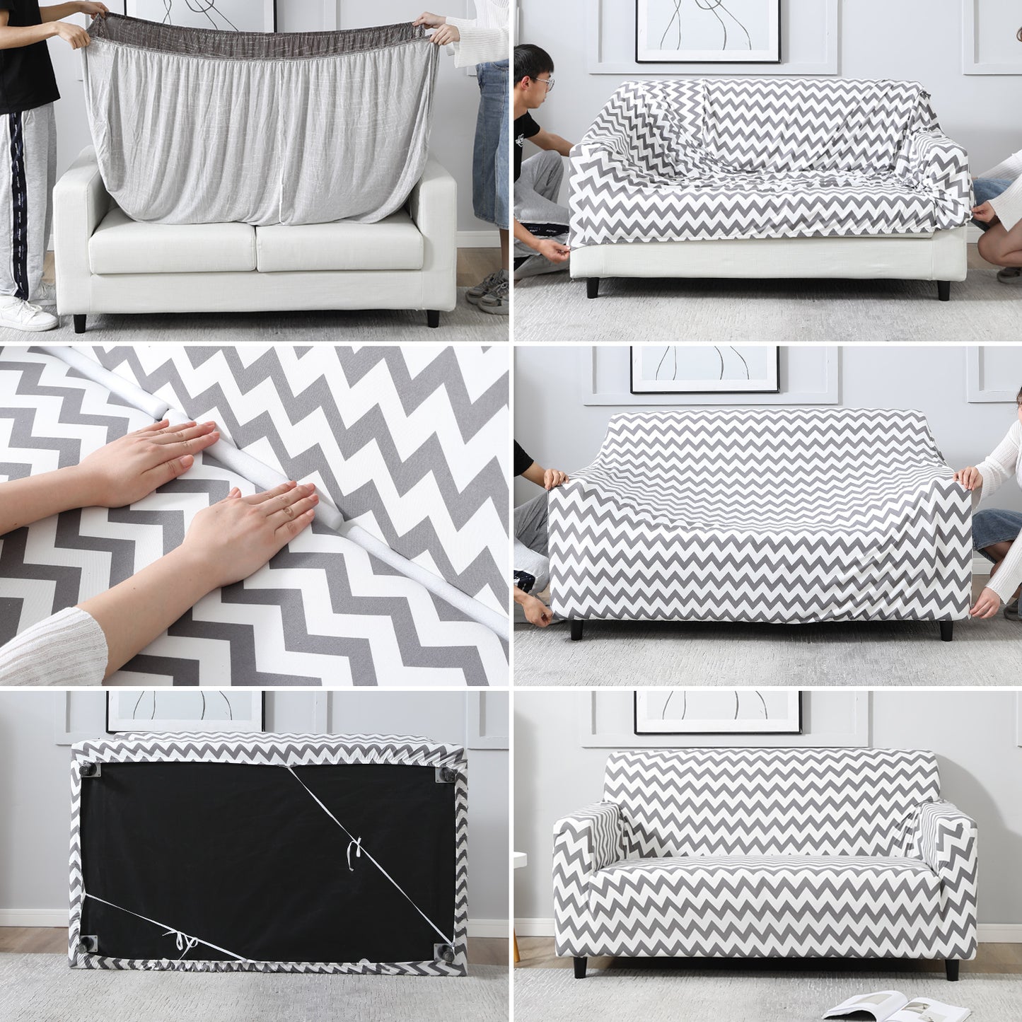 Step-by-step guide on How to put on Grey Chevron elastic sofa cover