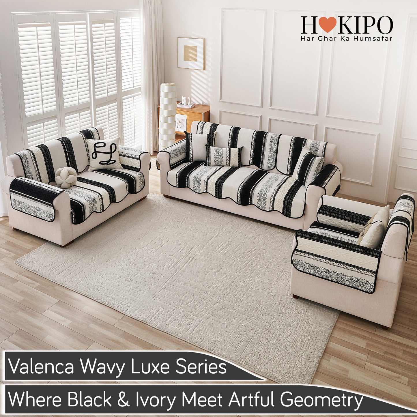 'Valenca Wavy Luxe Series' Boho Geometry Sofa Cover Mat, Midnight Black