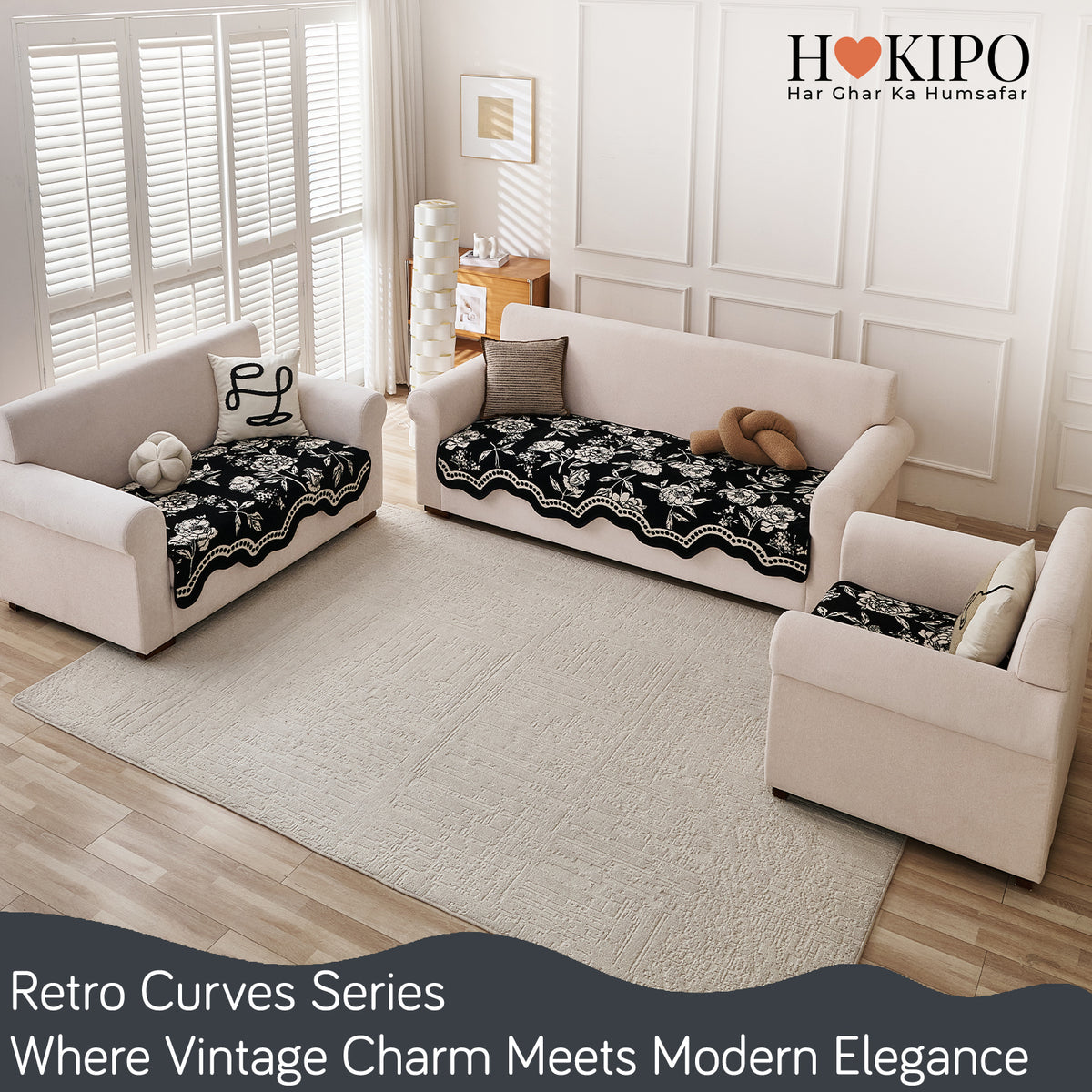 Chenille Sofa Cover Mat with Curvy Edges, 'Retro Curves Series' Sofa Mat, Classic Black