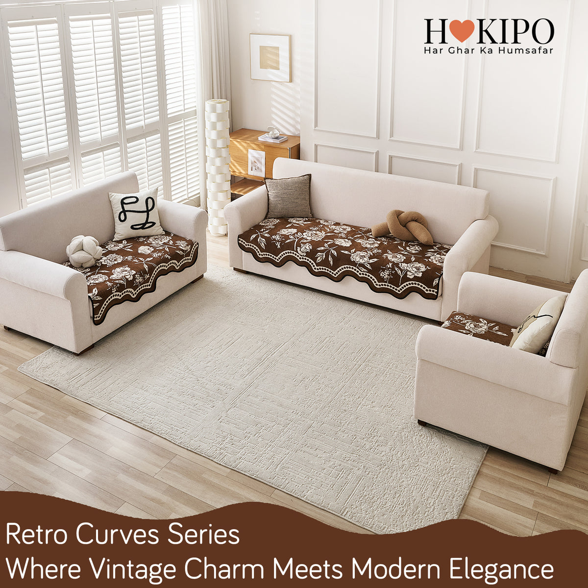 Chenille Sofa Cover Mat with Curvy Edges, 'Retro Curves Series' Sofa Mat, Walnut Brown